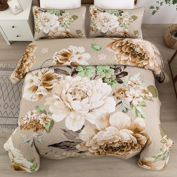WONGS BEDDING Floral Quilt Set Khaki King, 3 Pieces Botanical Quilted Printed - Image 2