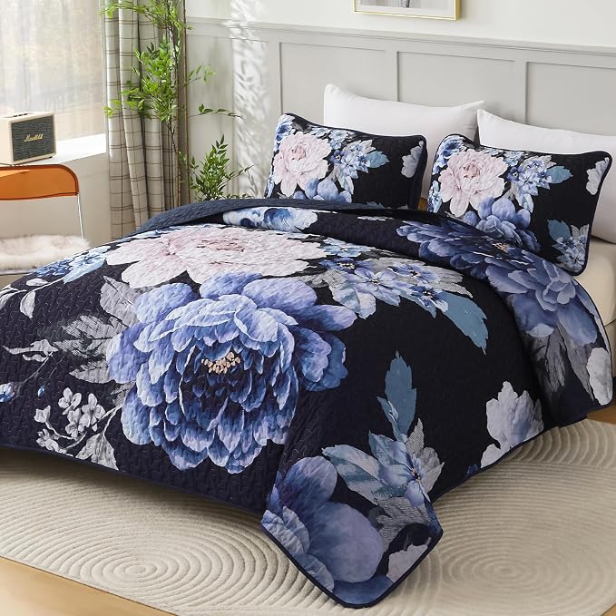 WONGS BEDDING Navy Boho Floral Quilt Set Queen, Elegant Blue Flower Bedspread - Image 2