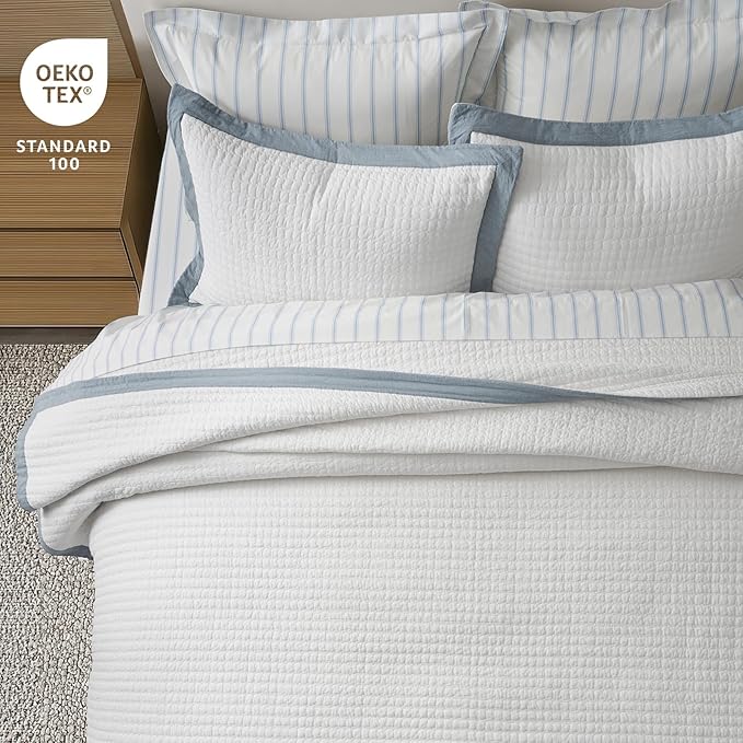 EVERGRACE Cotton Border Frame Tack-Stitch Quilt Bedding Set King Size, Coastal - Image 5