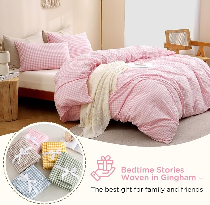 TOCOMOA Pink Gingham Duvet Cover Bedding Set 100% Washed Cotton Like Linen Feel - Image 7