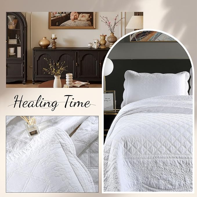 ROOMLIFE Quilt Set Full Size 3D Floral Embroidery Pattern 3-Piece Cotton - Image 6