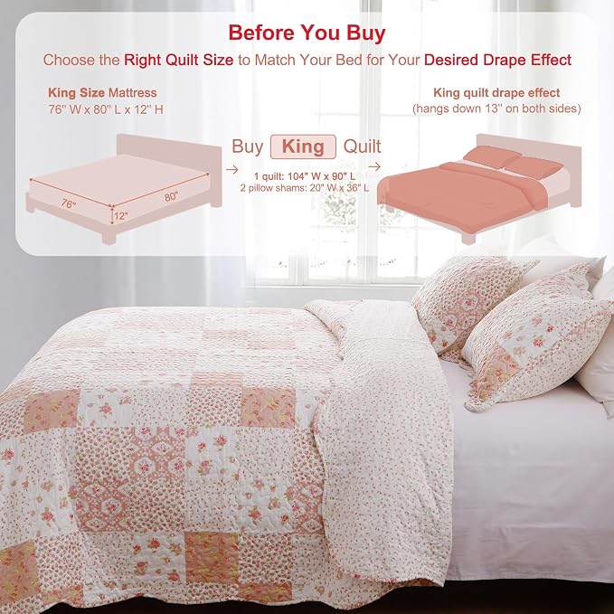 GOONE King Quilt Set 104"x90", 50% Cotton Blend Lightweight Washed Coverlet - Image 6