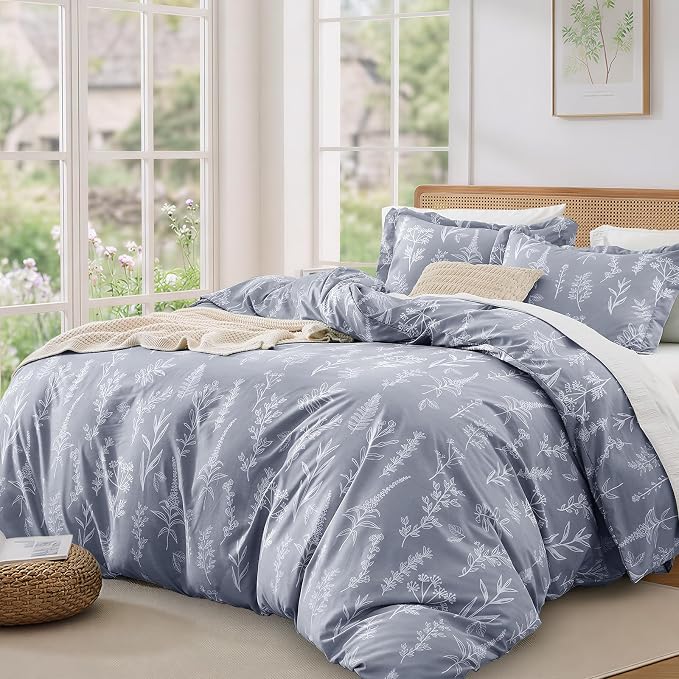 MUXHOMO Duvet Cover Queen Size, Reversible Floral Grey Duvet Cover Set - Image 9