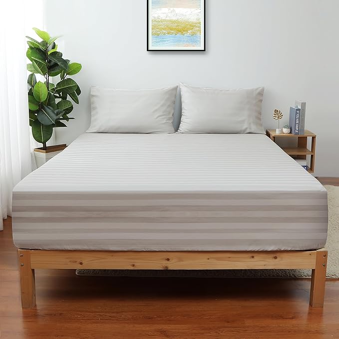 King Size Striped Fitted Sheet Only Light Beige Color, 100% Egyptian Cotton 600 by ShunjieHome