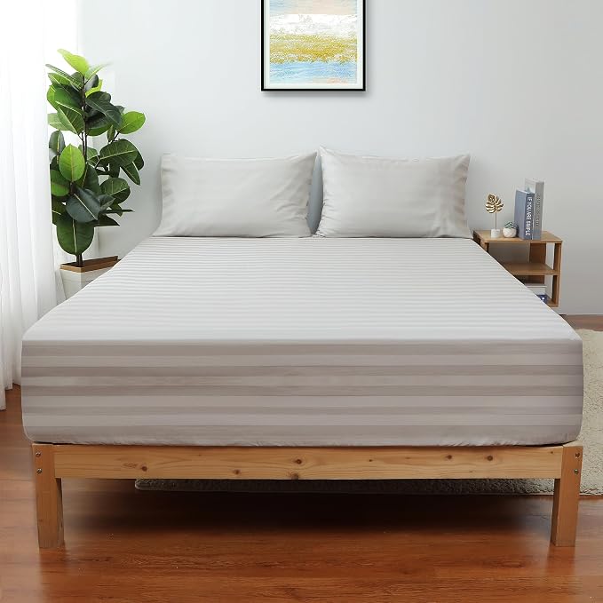 Queen Size Striped Fitted Sheet Only Light Beige Color, 100% Egyptian Cotton by ShunjieHome
