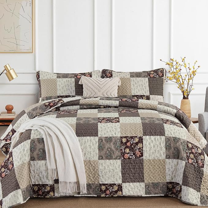 Xruibed Floral Plaid Patchwork Fall Quilt Set King Size 3 Pieces Taupe Beige by Xruibed