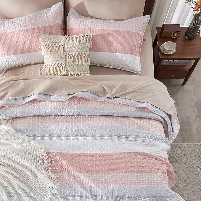 Andency Pink Quilt Queen, 3 Pieces Patchwork Striped Bedspread Coverlet Set - Image 6