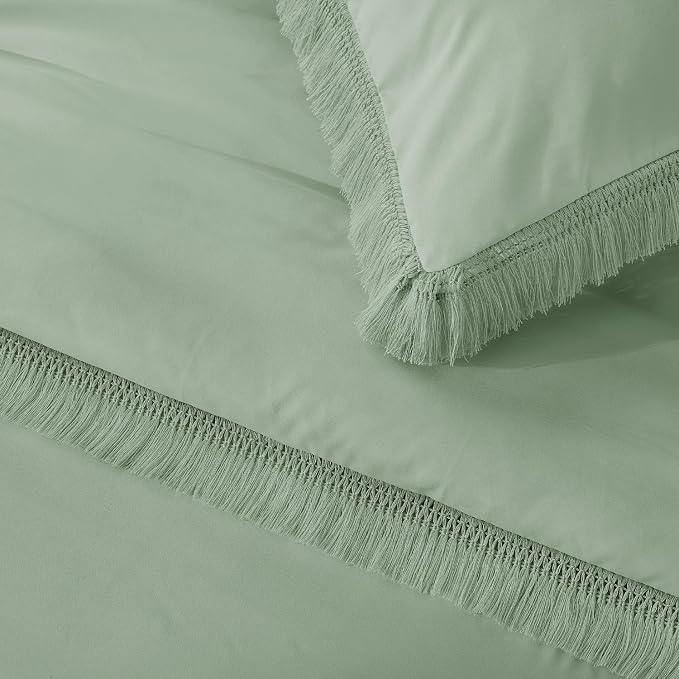 Andency Sage Green Tassel Comforter Set Full, 3 Pieces Boho Farmhouse Shabby - Image 7