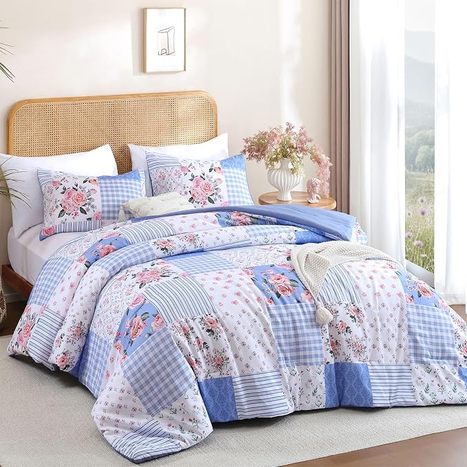 YIKUSH Queen Comforters Set Floral Comforter Bedding Set Blue Cozy Breathable - Image 2