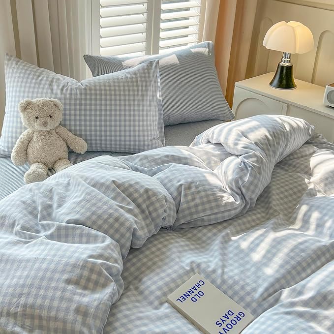 mixinni Light Blue Gingham Duvet Cover Set King Size - Image 4