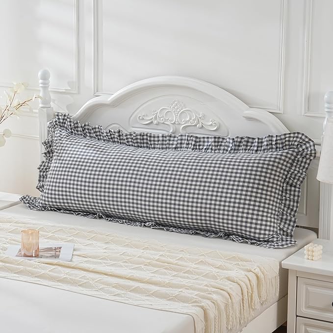 Grey/White Plaid Ruffled Checkered Body Pillow Sham 20x54 inches 1 Piece by Qilunn