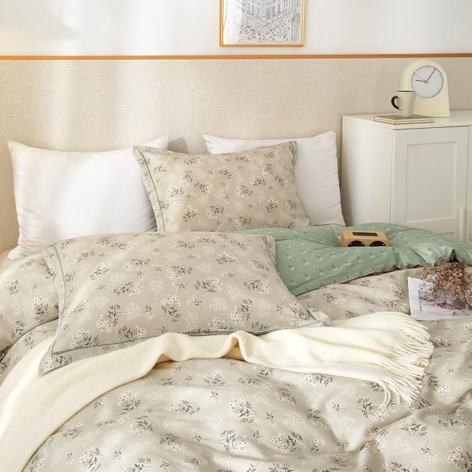 mixinni Duvet Cover Set Floral King Size Soft Cotton Bedding Flower Green by mixinni