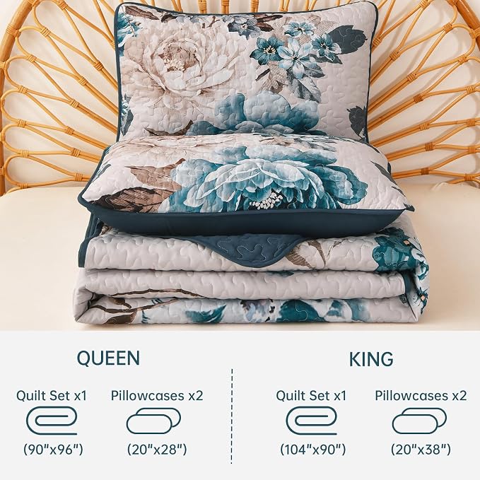 WONGS BEDDING Aqua Floral Quilt Set King, 3 Pieces Reversible Lightweight - Image 7