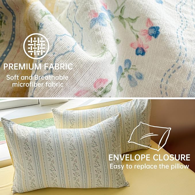 BOLINLIVING Vintage Floral Duvet Cover Twin Size, Kids Girls Blue Striped - Image 5
