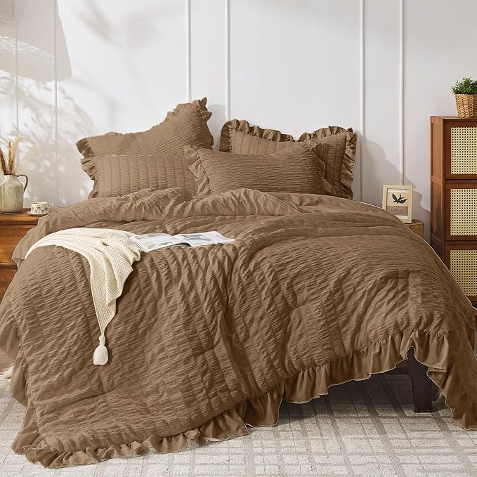 JOLLYVOGUE Twin Size Comforter Set, 2 Pieces Oak Brown Seersucker Lightweight by JOLLYVOGUE