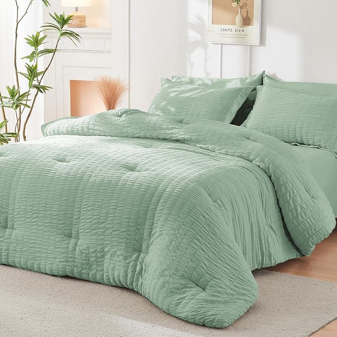 HYMOKEGE Sage Green King Size Comforter Set Seersucker 7 Pieces, All Season - Image 8