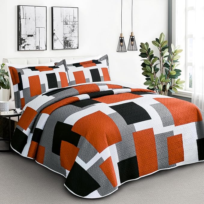 Tyrot 2 Piece Orange Grey Quilt Set Twin Size Black White Gray Geometric - Image 2