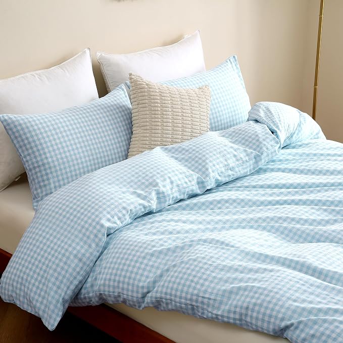 TOCOMOA Light Blue Gingham Duvet Cover Bedding Set 100% Washed Cotton Like - Image 4