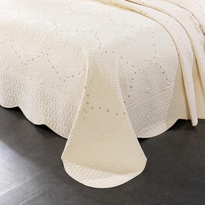 ROOMLIFE Quilt Set King Size 3D Floral Embroidery Pattern 3-Piece Cotton - Image 2