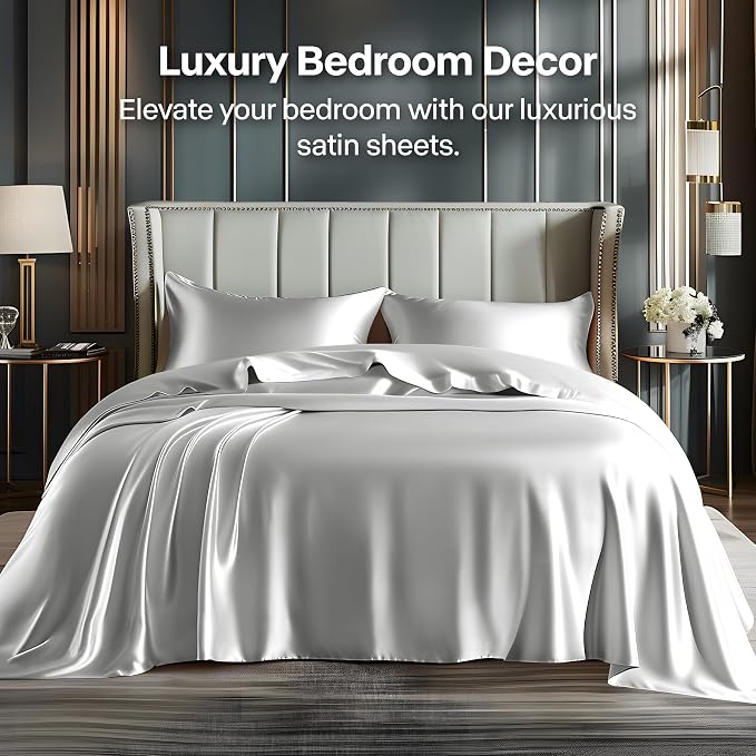 BEDELITE Satin Sheets Twin XL Size Bed Set, Luxury Soft Grey Silky Sheets - Image 2