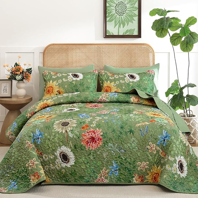 Yiran Floral Quilts Queen Size, 3 Pieces Spring Summer Sunflower Soft by Yiran