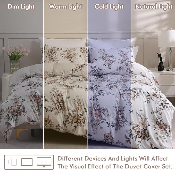 LONAVA King Floral 3 Pcs Duvet Cover Set, Breathable Soft Microfiber Light Grey - Image 5
