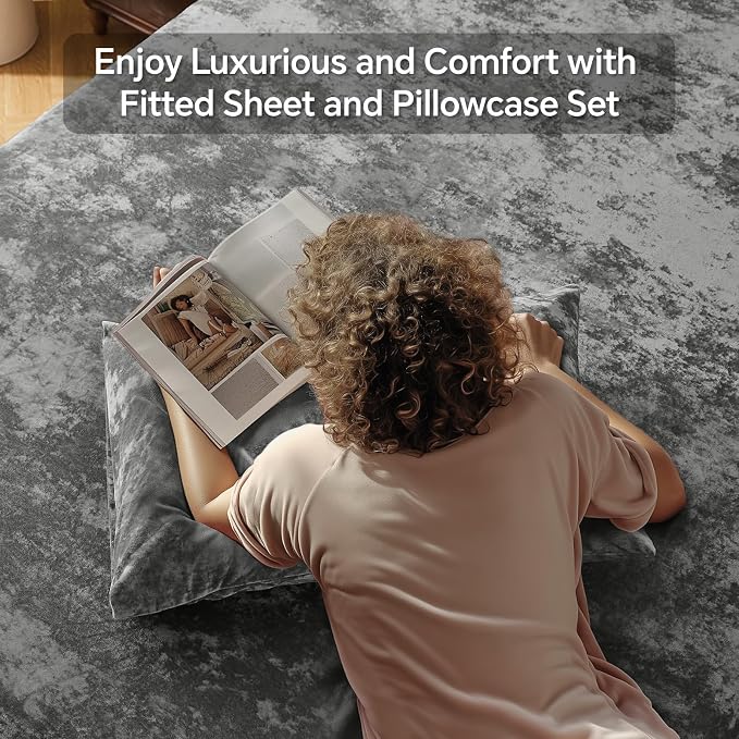BEDELITE Velvet Fitted Sheet and Pillowcase Set, Luxury Soft Fuzzy Bottom Sheet - Image 2