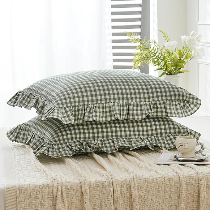 2 Pack Sage Green White Plaid Ruffle Pillow Shams Standard Size 20x26 inches - Image 4