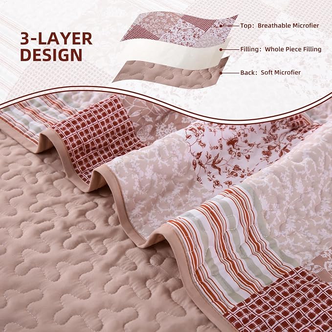 Mybedsoul Patchwork Quilt Set Queen Size, 3 Pieces Pink Floral Plaid Bedspread - Image 7