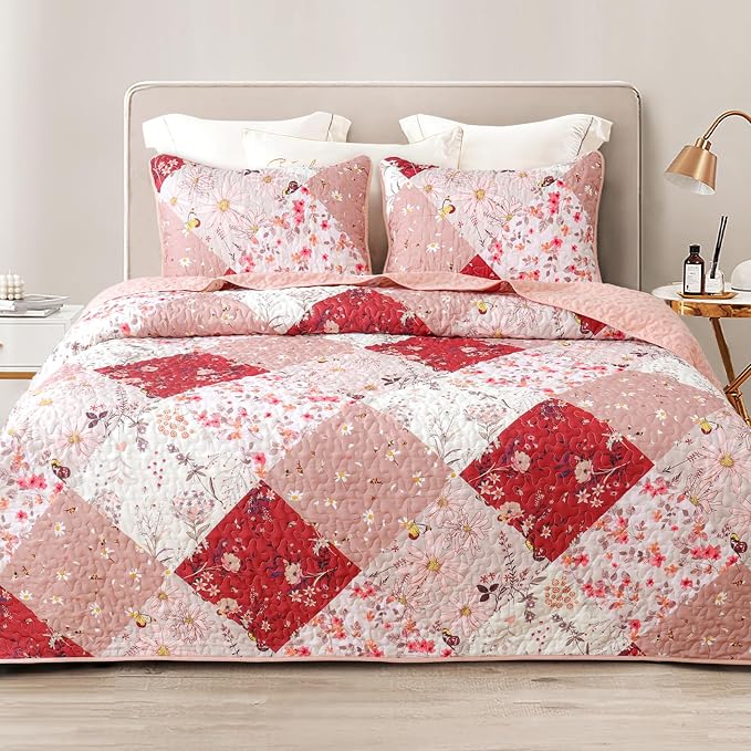 Whale Flotilla Patchwork Quilt King Size, Extra Soft Boho Floral Bedspreads by WHALEFLOTILLA
