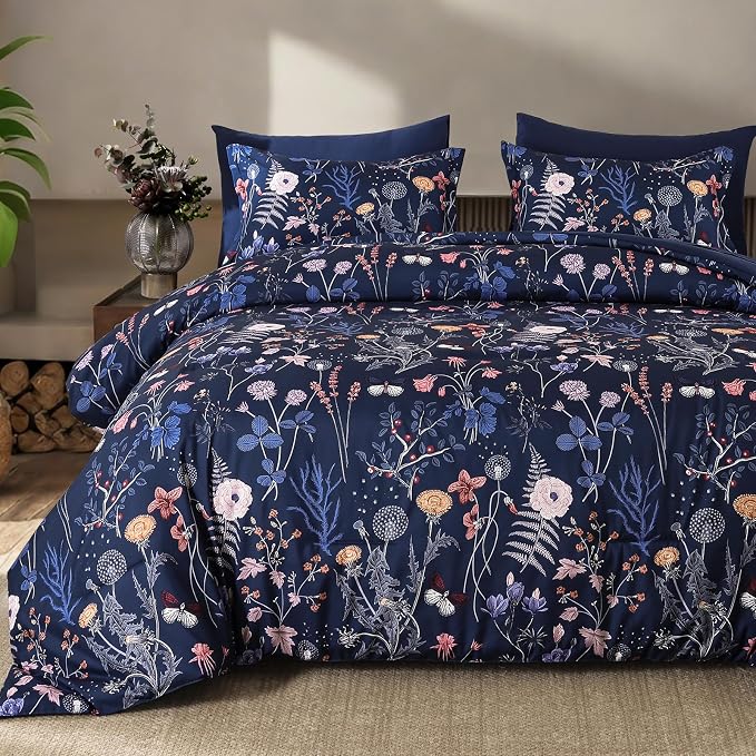 Yiran King Size Comforter Set, 7 Pieces Navy Blue Floral Soft Bedding Sets by Yiran