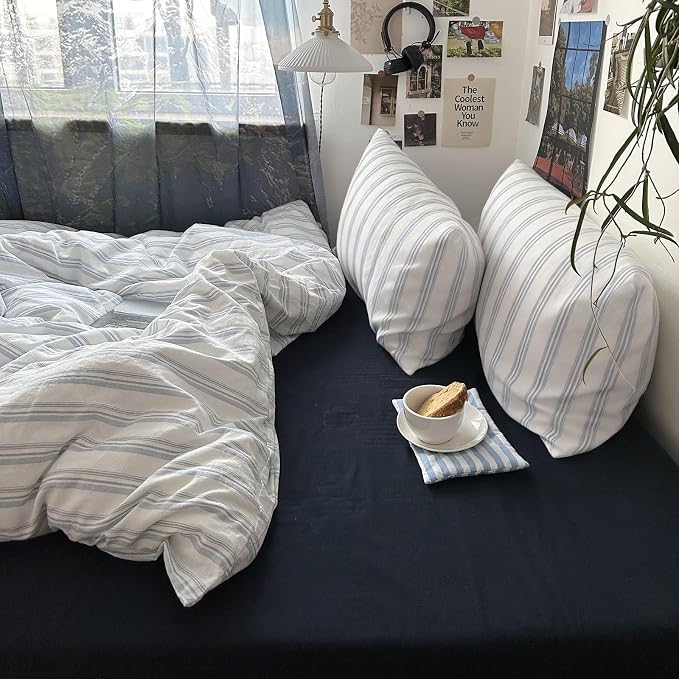 mixinni Vintage Blue & White Striped Duvet Cover Set - Image 3
