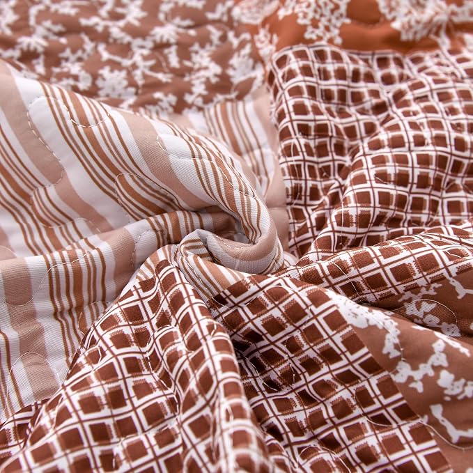 Mybedsoul Burnt Orange Quilt Set King Size, 3 Pieces Boho Plaid Terracotta - Image 7