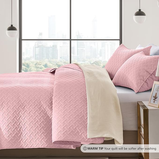 FLYMME King Size Quilt Bedding Set Pink Lightweight Bedspreads Set, Modern - Image 4