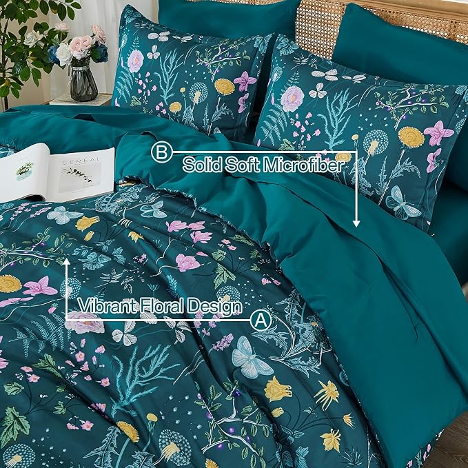 Yiran Teal Blue Comforter Set Queen Size, 7 Piece Floral Botanical Comforter - Image 5