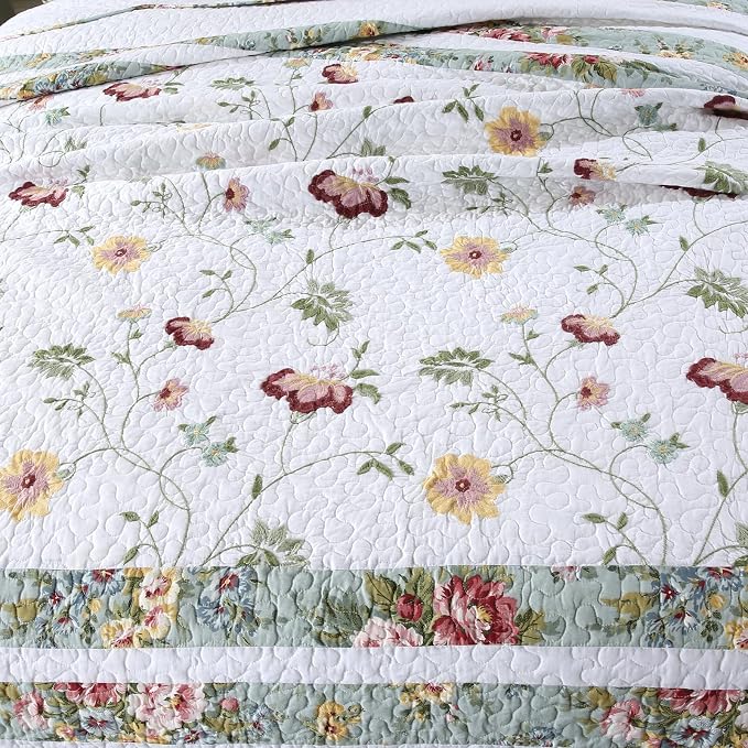 ROOMLIFE Quilt Set Queen Size 3D Floral Embroidery Pattern 3-Piece Cotton - Image 5