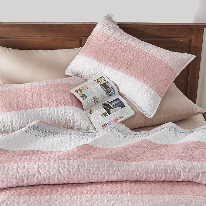 Andency Pink Quilt Queen, 3 Pieces Patchwork Striped Bedspread Coverlet Set - Image 3