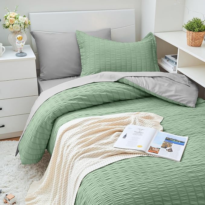 HYMOKEGE Sage Green/Light Grey Twin XL Comforter Set Seersucker 5 Pieces - Image 2