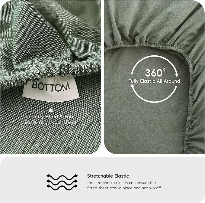 MooMee Fitted Bottom Sheet Only 100% Washed Cotton Linen Like Textured - Image 3