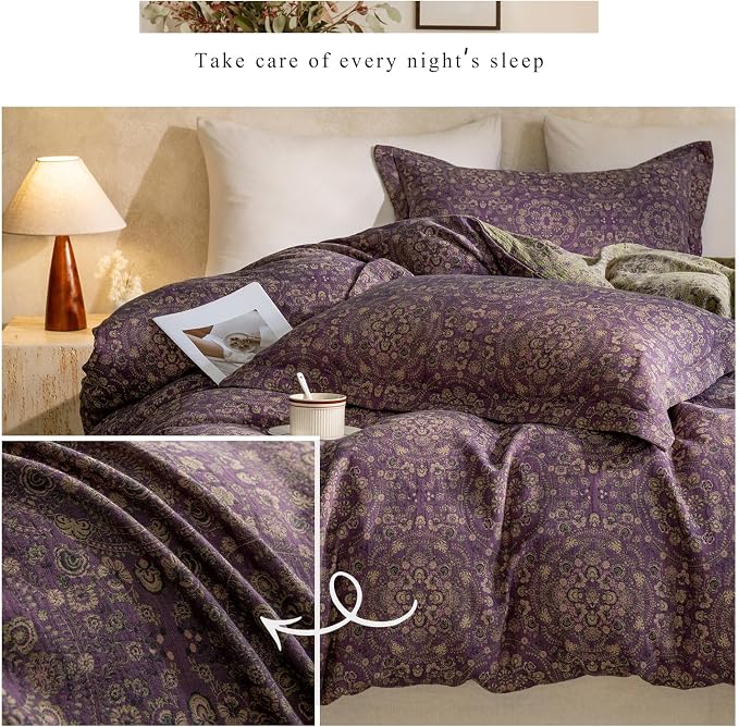 mixinni Purple Green Floral Duvet Cover King Size, Elegant Double-Layer Yarn - Image 8