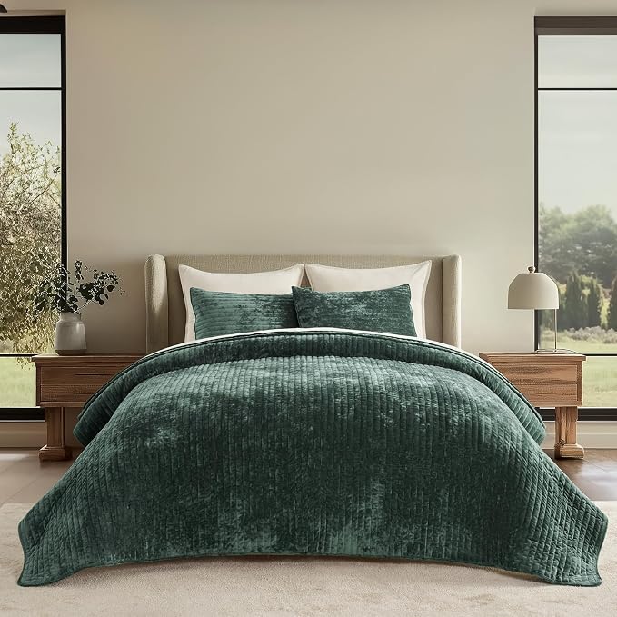 EVERGRACE Velvet Quilt Set Queen Size, Luxurious Soft Striped Channel Bedding by EverGrace