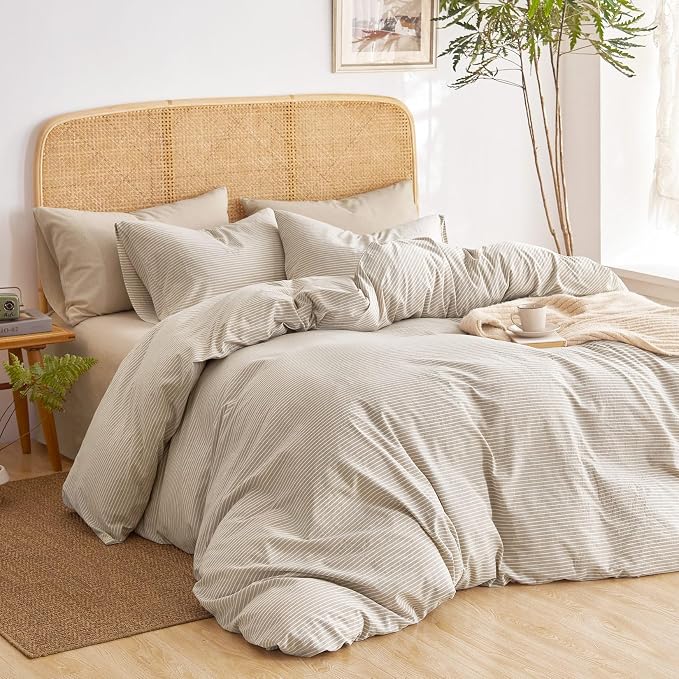 Wake In Cloud - Striped Cotton Duvet Cover Set, 100% Washed Cotton Textured by WakeInCloud