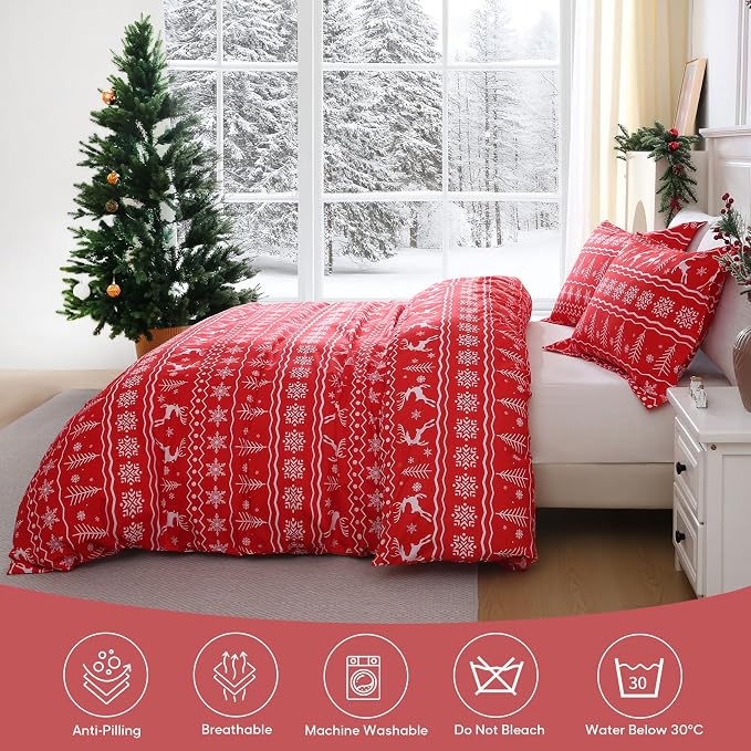 JSD Red Christmas Duvet Cover Set Queen Size, 3 Piece Snowflakes Reindeer - Image 5