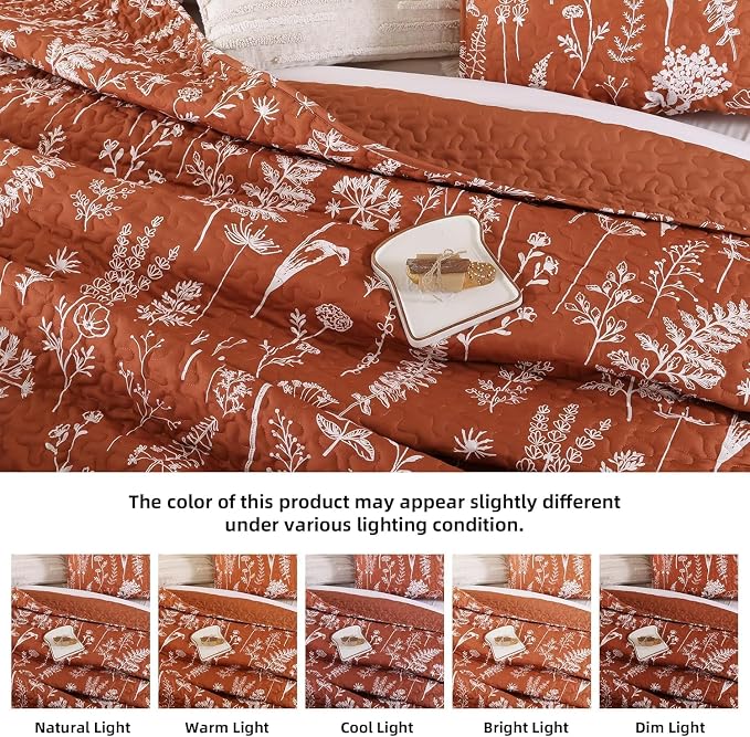 JANZAA Quilts Queen Size Floral Bed Spread Terracotta Quilts Queen Size - Image 4