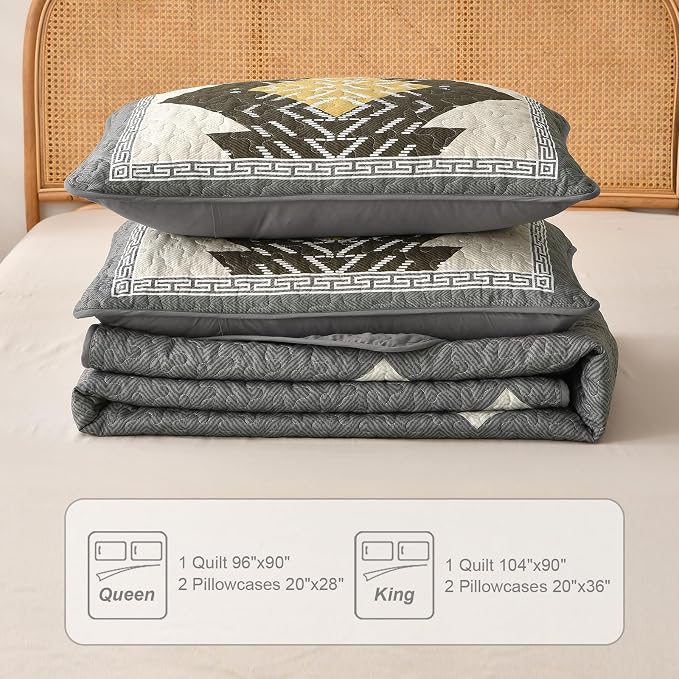 Dintszyayue Grey Boho Quilt Set Queen, Aztec Western Quilt Bedspread Set - Image 8