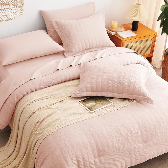 CozyLux King Size Comforter Set Blush Pink Seersucker 7 Pieces Bed in a Bag - Image 6