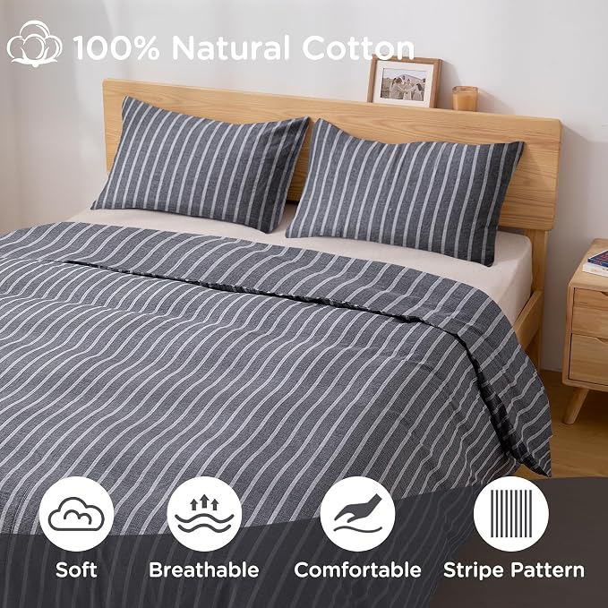 TOCOMOA Striped Duvet Cover Set 100% Natural Cotton Soft Comfy Breathable 3 - Image 4