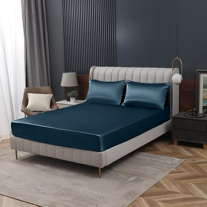 Homiest Deep Sea Blue Satin Fitted Sheet Queen Size, Deep Pocket, Luxury & - Image 9