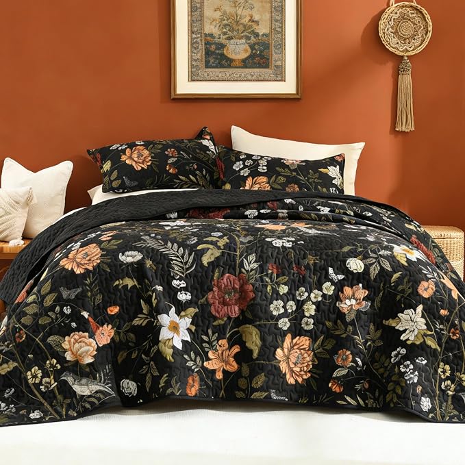 Litanika Floral Black Quilt King Size by Litanika