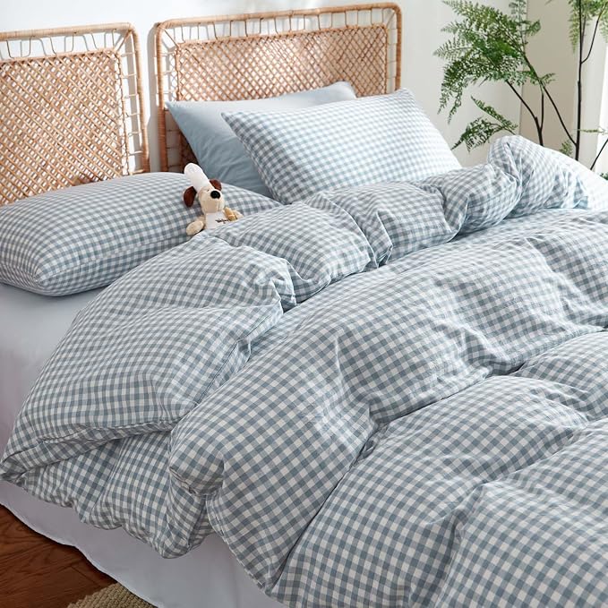 Nayoroom Gingham Duvet Cover King Size 100% Washed Cotton Blue Plaid Checkered by Nayoroom